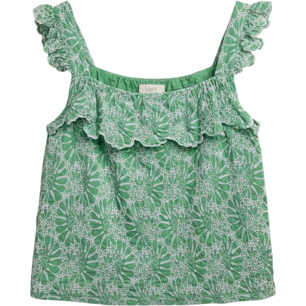 LOFT Eyelet Ruffle Tank Top Women L Green Floral Square Neck Sleeveless Coquette